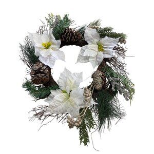 Artificial Winter Wreath White Poinsettias & Pinecones